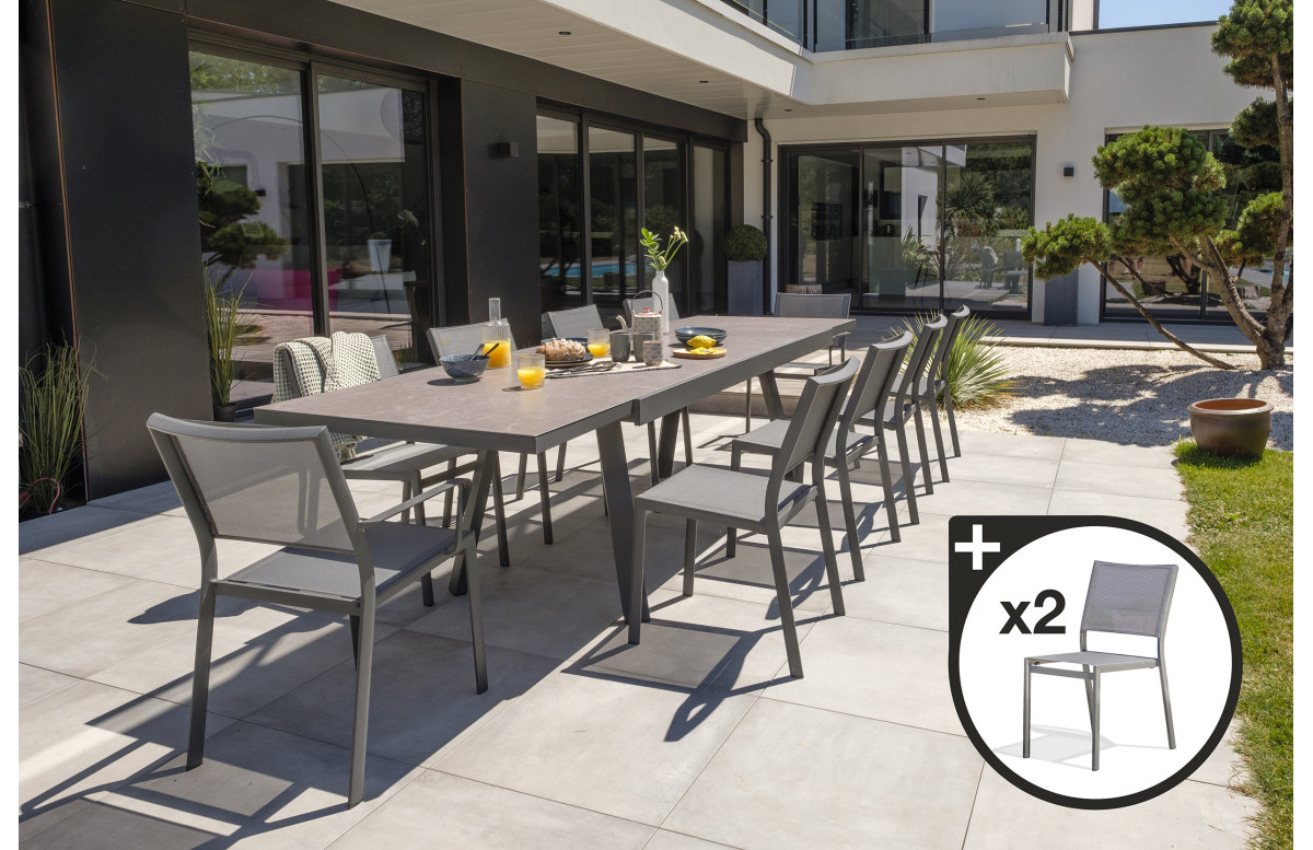 Ensemble table et chaises de jardin extensible en céramique STOCKHOLM Anthracite 12 personnes DCB GARDEN