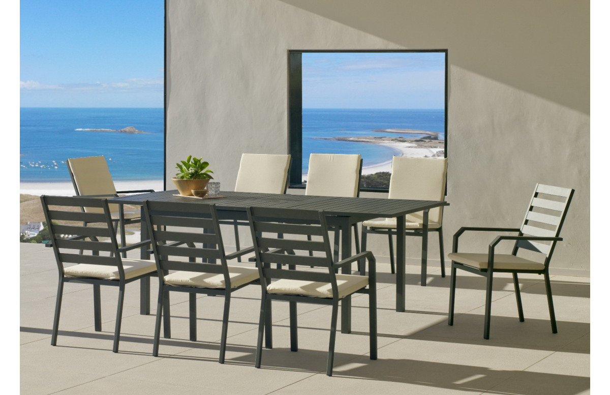 Ensemble table et fauteuils de jardin extensible 8 personnes en aluminium et Dralon - Palma - anthracite - Hevea Ensemble table et fauteuils de jardin extensible 8 personnes en aluminium et Dralon - Palma - anthracite - Hevea