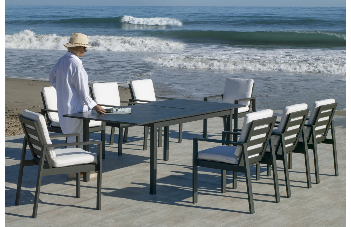 Table salon de jardin extensible 8 personnes en aluminium et HPL - Palma - Hevea Table salon de jardin extensible 8 personnes en aluminium et HPL - Palma - Hevea
