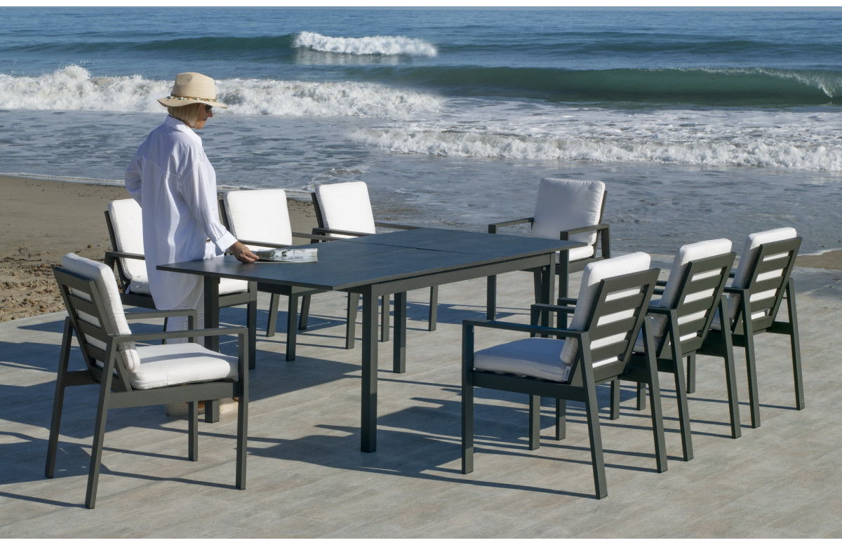 Ensemble table et fauteuils de jardin extensible 8 personnes en aluminium et HPL - Palma camelia - anthracite - Hevea Ensemble table et fauteuils de jardin extensible 8 personnes en aluminium et HPL - Palma camelia - anthracite - Hevea