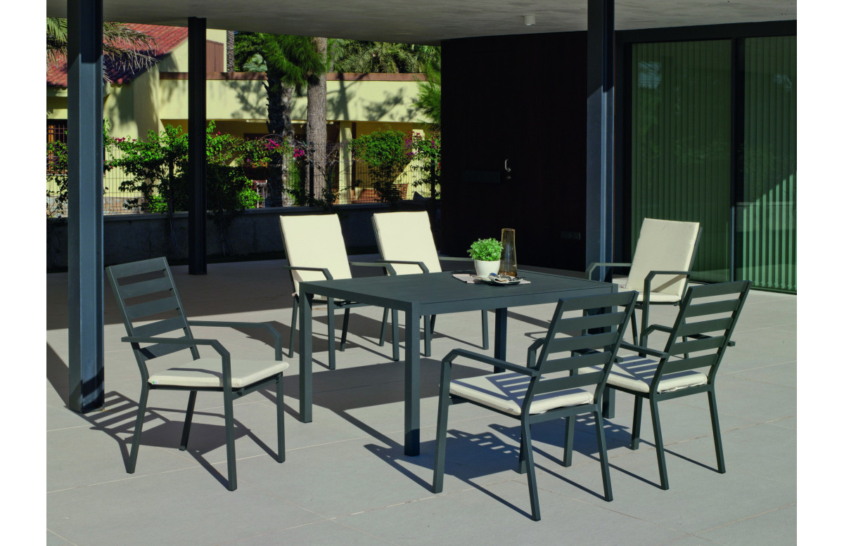Ensemble table et fauteuils de jardin 6 personnes en aluminium et Dralon - Palma caravel - anthracite - Hevea Ensemble table et fauteuils de jardin 6 personnes en aluminium et Dralon - Palma caravel - anthracite - Hevea