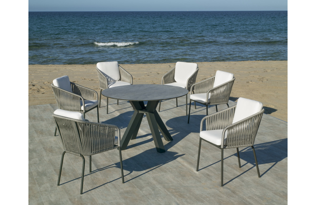 Ensemble table ronde et fauteuils de jardin 6 personnes en aluminium et HPL - Velonia/tulip - anthracite - Hevea Ensemble table ronde et fauteuils de jardin 6 personnes en aluminium et HPL - Velonia/tulip - anthracite - Hevea