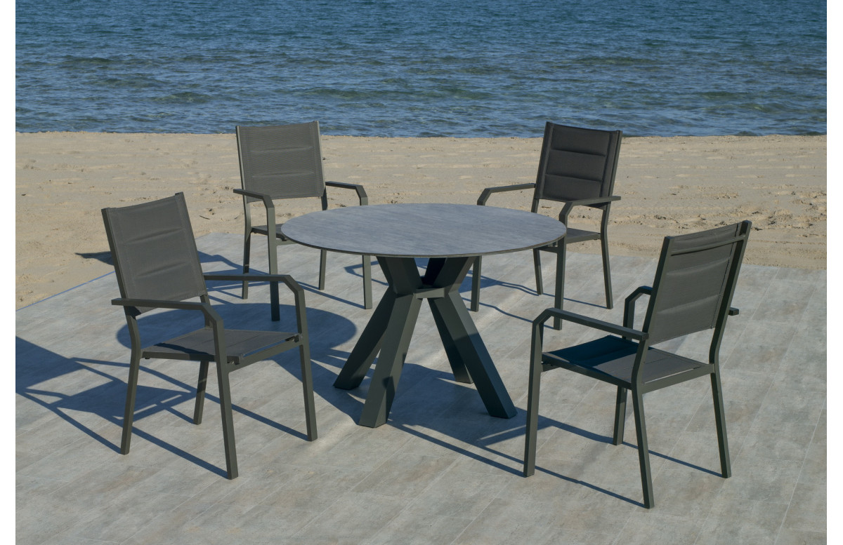 Table ronde salon de jardin 4 personnes en aluminium et HPL - Velonia - Hevea Table ronde salon de jardin 4 personnes en aluminium et HPL - Velonia - Hevea