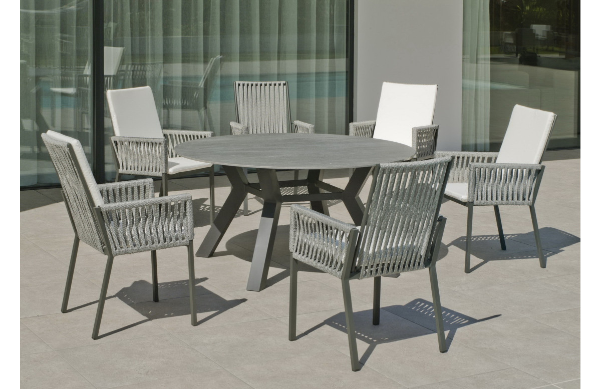 Ensemble table ronde et fauteuils de jardin 6 personnes en aluminium et Neolith - Veneto /catania - Hevea Ensemble table ronde et fauteuils de jardin 6 personnes en aluminium et Neolith - Veneto /catania - Hevea