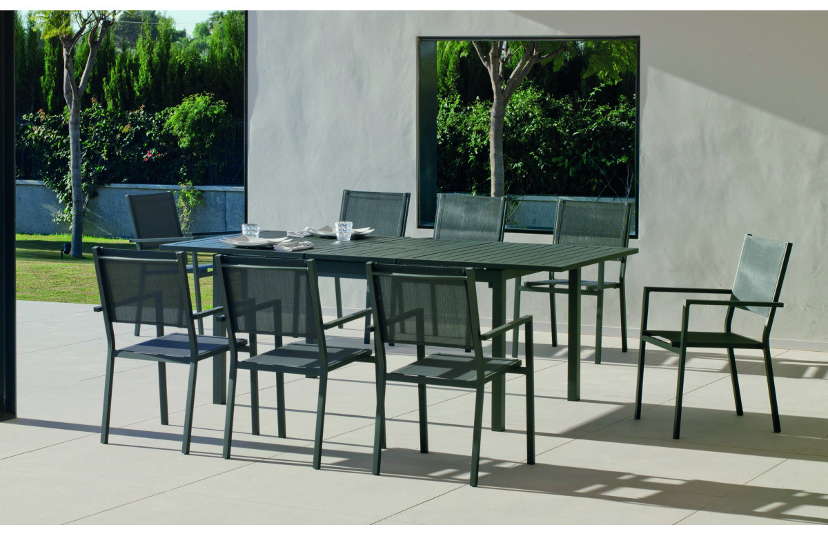 Ensemble table et fauteuils de jardin extensible 8 personnes en aluminium et textilène - Palma roma - Hevea Ensemble table et fauteuils de jardin extensible 8 personnes en aluminium et textilène - Palma roma - Hevea