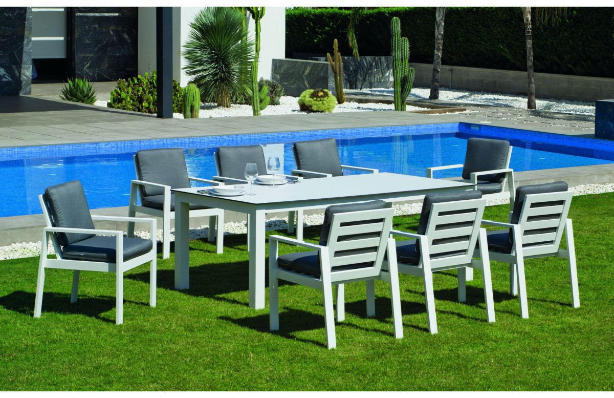 Ensemble table et fauteuils de jardin 8 personnes en aluminium et HPL - Camelia - blanc - Hevea Ensemble table et fauteuils de jardin 8 personnes en aluminium et HPL - Camelia - blanc - Hevea