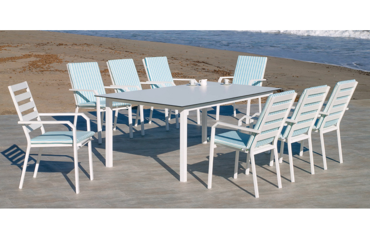 Ensemble table et fauteuils de jardin 8 personnes en aluminium et HPL - Palma/caravel - blanc - Hevea Ensemble table et fauteuils de jardin 8 personnes en aluminium et HPL - Palma/caravel - blanc - Hevea