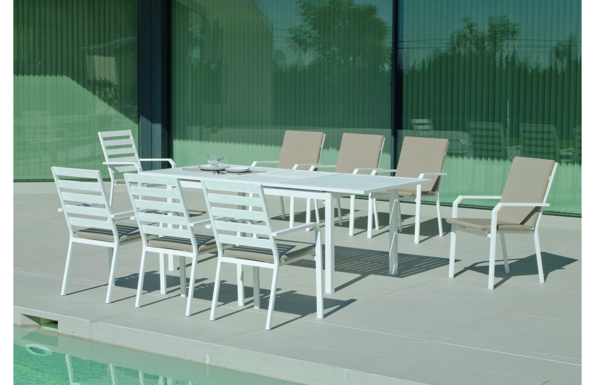 Ensemble table et fauteuils de jardin extensible 8 personnes en aluminium et Dralon - Palma caravel - blanc - Hevea Ensemble table et fauteuils de jardin extensible 8 personnes en aluminium et Dralon - Palma caravel - blanc - Hevea