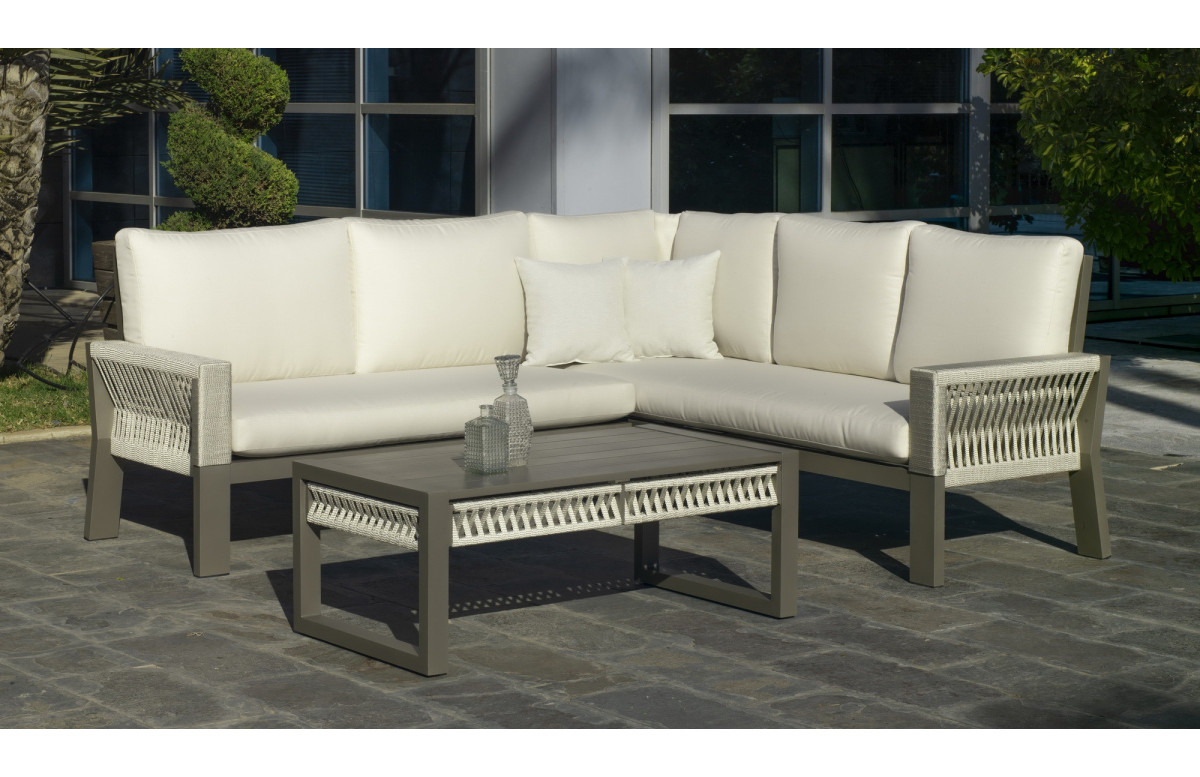 Salon de jardin bas d'angle 5 personnes en aluminium et cordage - Estambul - champagne - Hevea Salon de jardin bas d'angle 5 personnes en aluminium et cordage - Estambul - champagne - Hevea