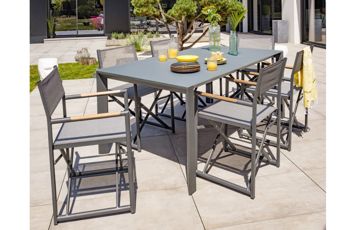 Ensemble table extensible et fauteuils de jardin pliants 6 personnes en aluminium & HPL Paris Garden HONFLEUR Ensemble table extensible et fauteuils de jardin pliants 6 personnes en aluminium & HPL Paris Garden HONFLEUR
