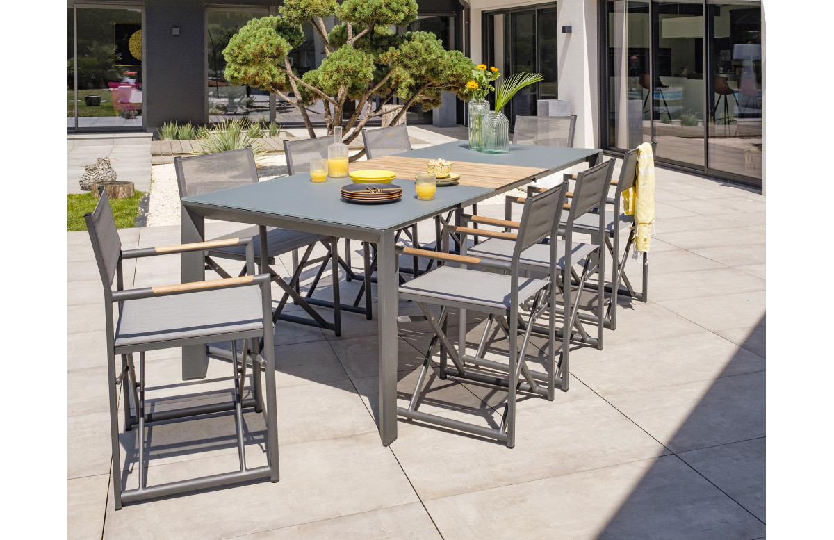 Ensemble table extensible et fauteuils de jardin pliants 8 personnes en aluminium & HPL Paris Garden HONFLEUR Ensemble table extensible et fauteuils de jardin pliants 8 personnes en aluminium & HPL Paris Garden HONFLEUR