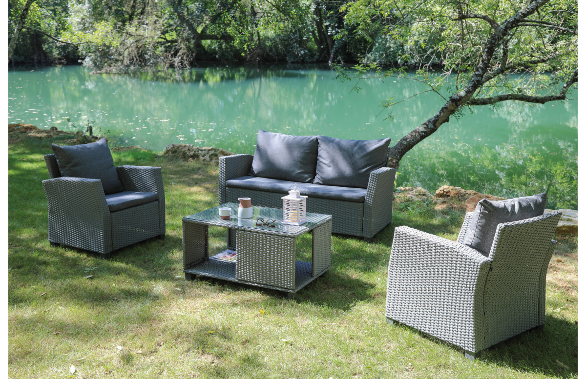 Salon de jardin bas en acier et verre 4 personnes - ANEMONE gris - Alizé Salon de jardin bas en acier et verre 4 personnes - ANEMONE gris - Alizé
