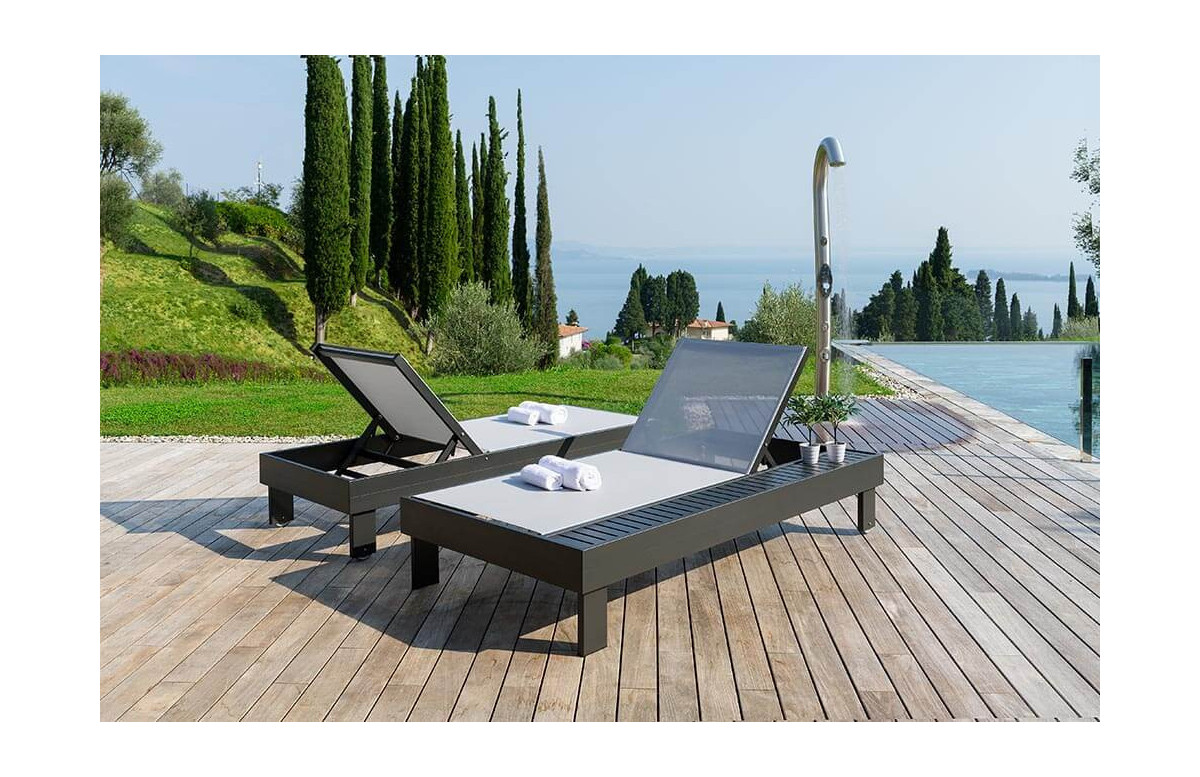 Bain de soleil grande taille en aluminium et textilène avec rangement Polluce - Crema Outdoor Bain de soleil grande taille en aluminium et textilène avec rangement Polluce - Crema Outdoor