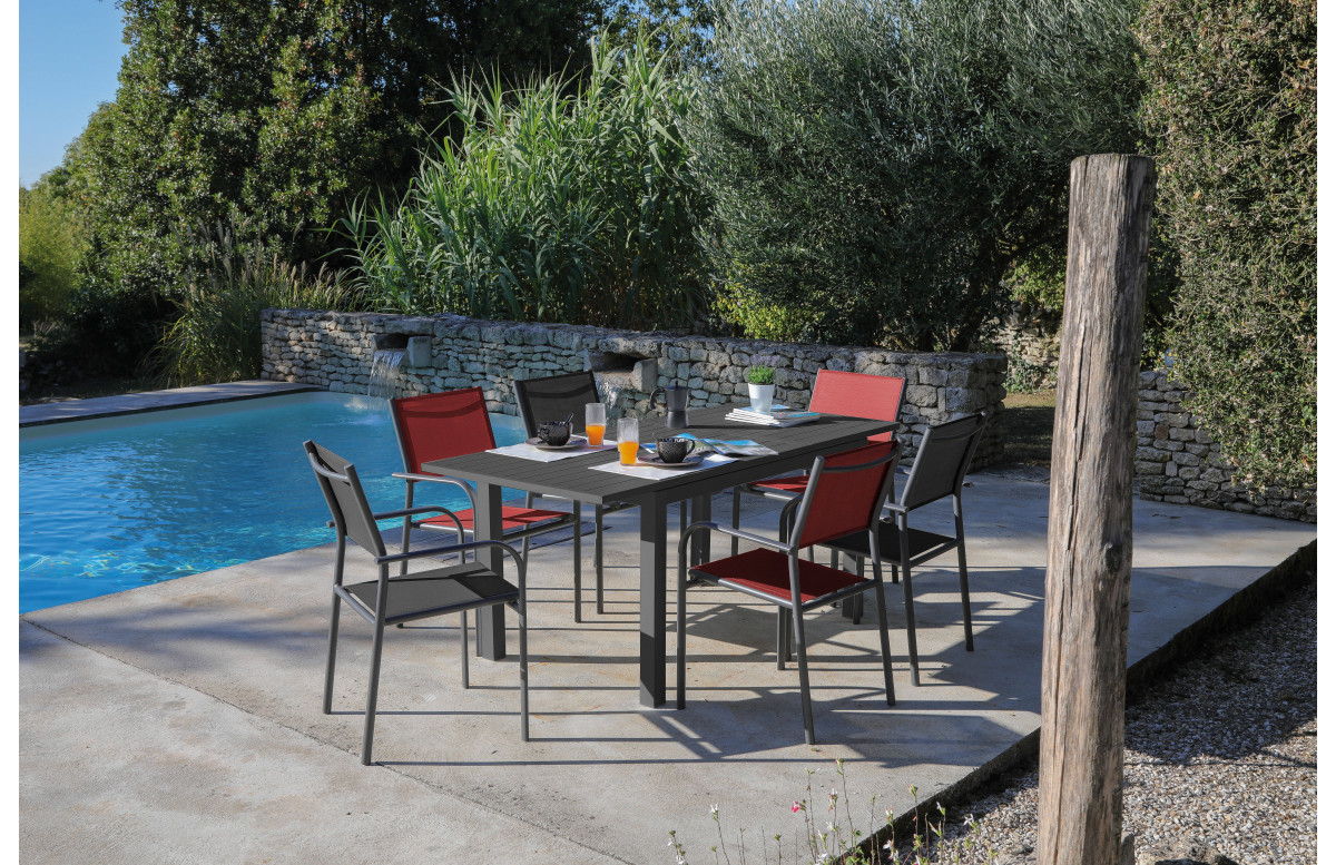 Ensemble table extensible et fauteuils empilables en aluminium et textilène 6 personnes - Genes/Duca - Alizé Ensemble table extensible et fauteuils empilables en aluminium et textilène 6 personnes - Genes/Duca - Alizé