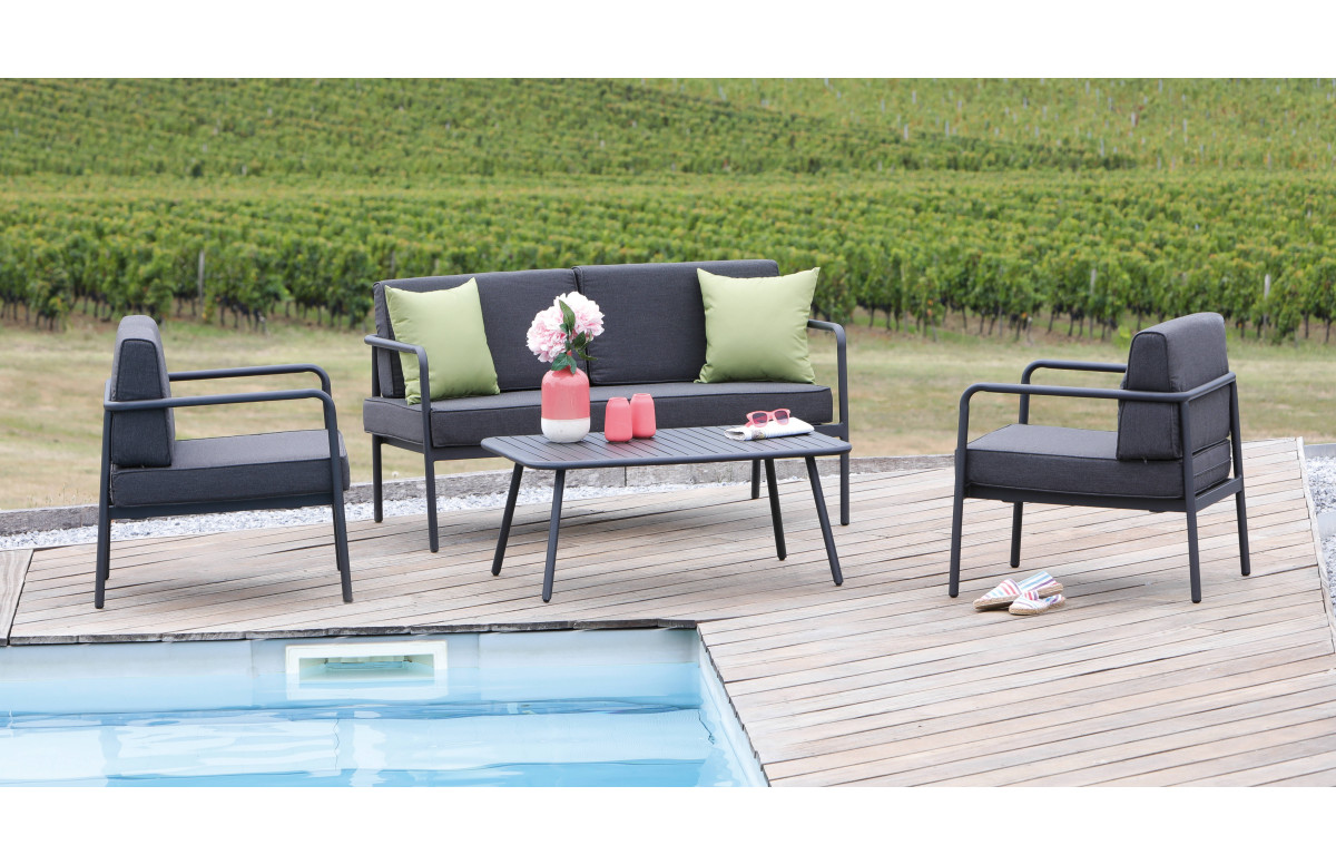 Salon de jardin bas empilable en aluminium 4 personnes - DUCA graphite - Alizé Salon de jardin bas empilable en aluminium 4 personnes - DUCA graphite - Alizé
