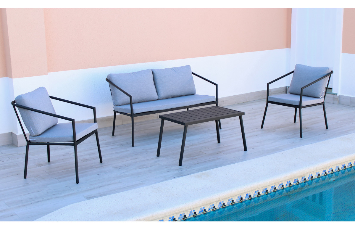 Salon de jardin SET BERMUDAS 4 personnes empilable en aluminium et Dralon-Hevea Salon de jardin SET BERMUDAS 4 personnes empilable en aluminium et Dralon-Hevea