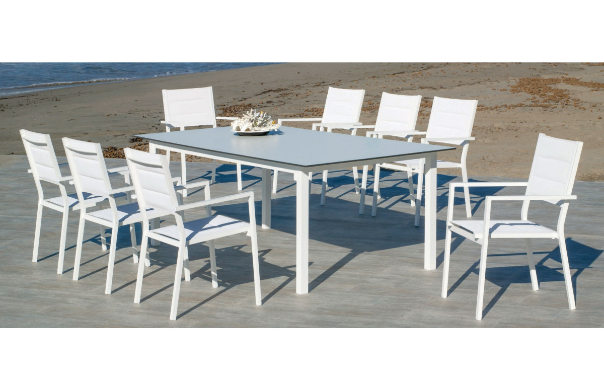 Ensemble table et fauteuils de jardin Palma 8 personnes en aluminium, HPL et textilène - Hevea Ensemble table et fauteuils de jardin Palma 8 personnes en aluminium, HPL et textilène - Hevea