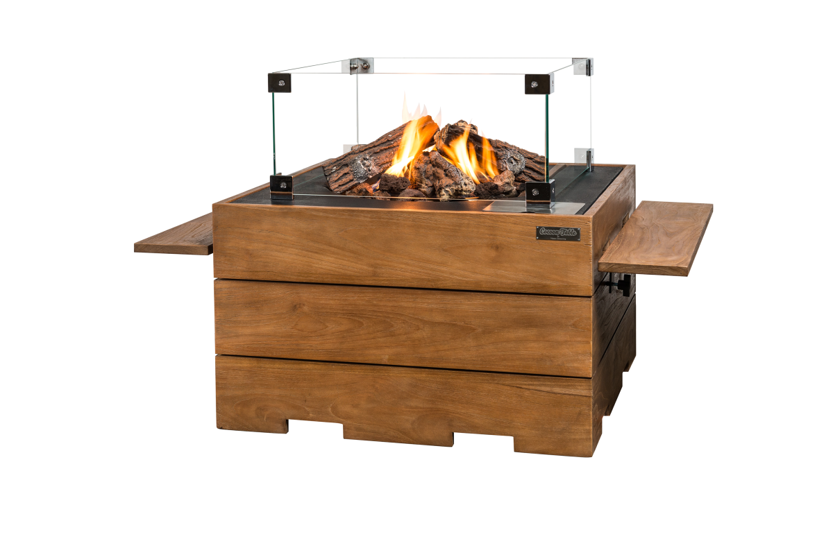 Table brasero gaz extérieur carrée en teck - Happy Cocooning