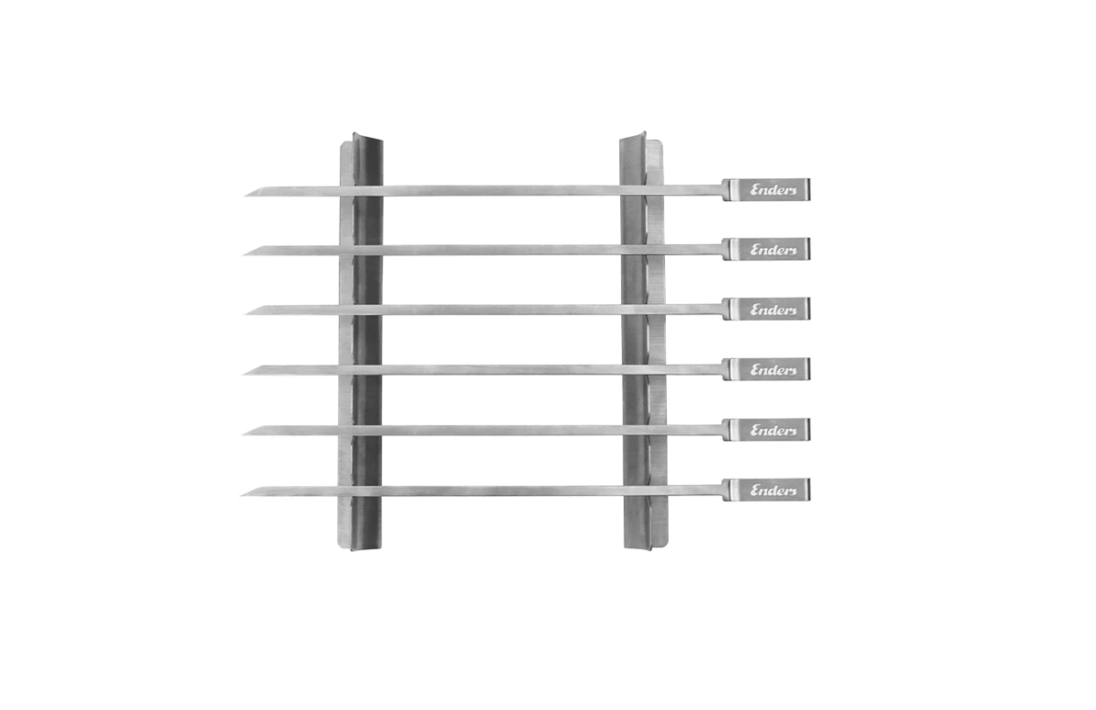 Set de 6 brochettes Enders avec support en inox pour barbecue Set de 6 brochettes Enders avec support en inox pour barbecue