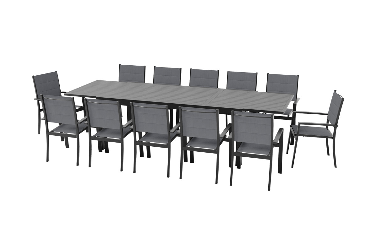 Ensemble table extensible Hanae et fauteuils de jardin Navagio en aluminium et verre anthracite 12 personnes - Essenciel Green Ensemble table extensible Hanae et fauteuils de jardin Navagio en aluminium et verre anthracite 12 personnes - Essenciel Green