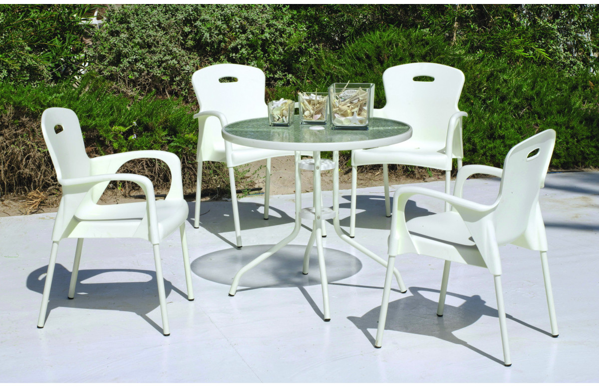 Ensemble table et fauteuils de jardin ALMERA 4 personnes HEVEA en acier et résine