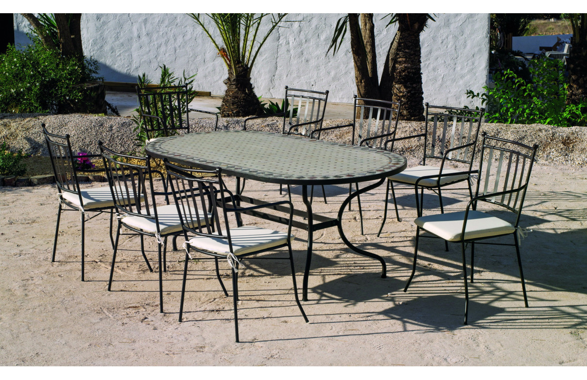 Ensemble table MONTECARLO et fauteuils de jardin SHIFA 8 personnes HEVEA en acier et Dralon