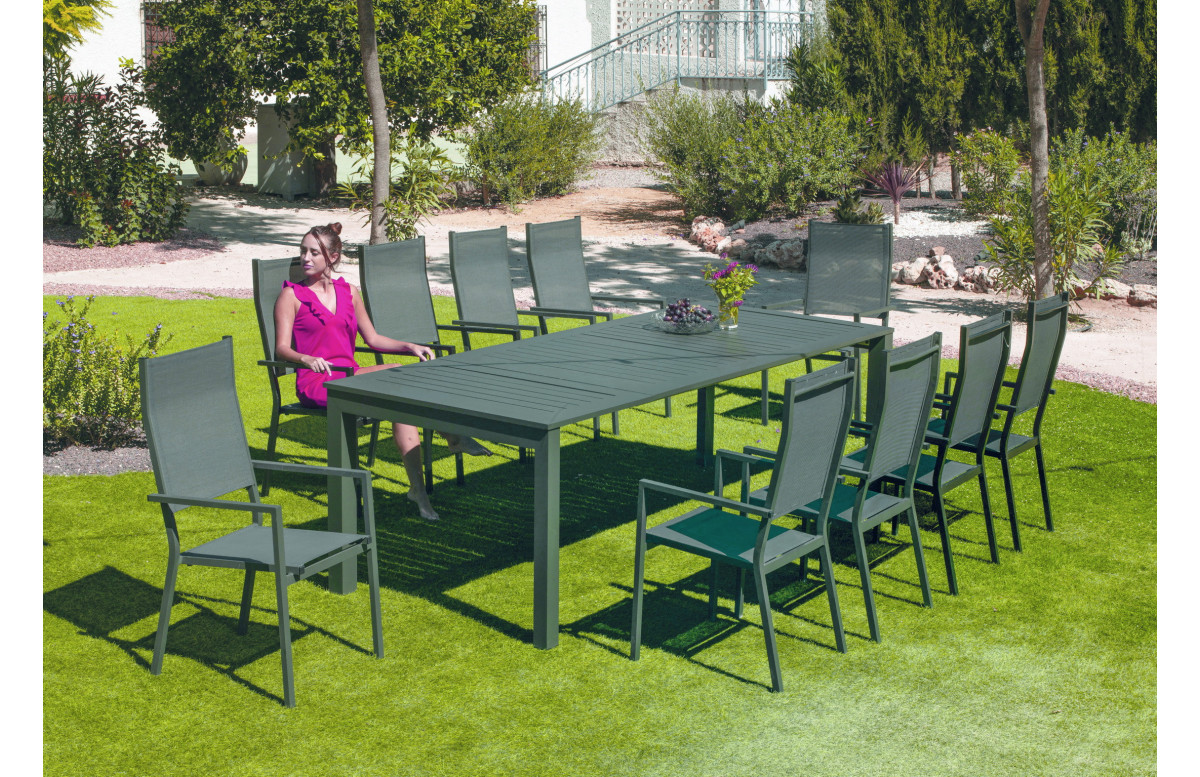 Ensemble table SINGAPUR et fauteuils JANEIRO 10 personnes HEVEA en aluminium et textilène Ensemble table SINGAPUR et fauteuils JANEIRO 10 personnes HEVEA en aluminium et textilène