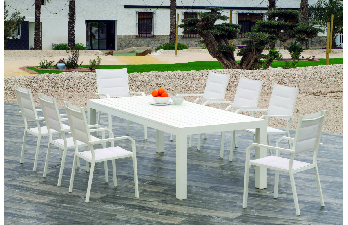 Ensemble table CAMELIA et fauteuils PRISCILA 8 personnes HEVEA en aluminium et textilène Ensemble table CAMELIA et fauteuils PRISCILA 8 personnes HEVEA en aluminium et textilène