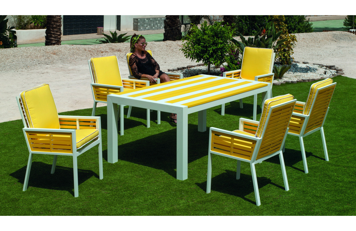 Ensemble table et fauteuils LUARCA 6 personnes HEVEA en aluminium et Dralon