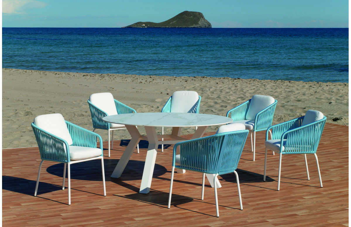 Ensemble table VENETO et fauteuils TULIP 6 personnes HEVEA en aluminium et corde