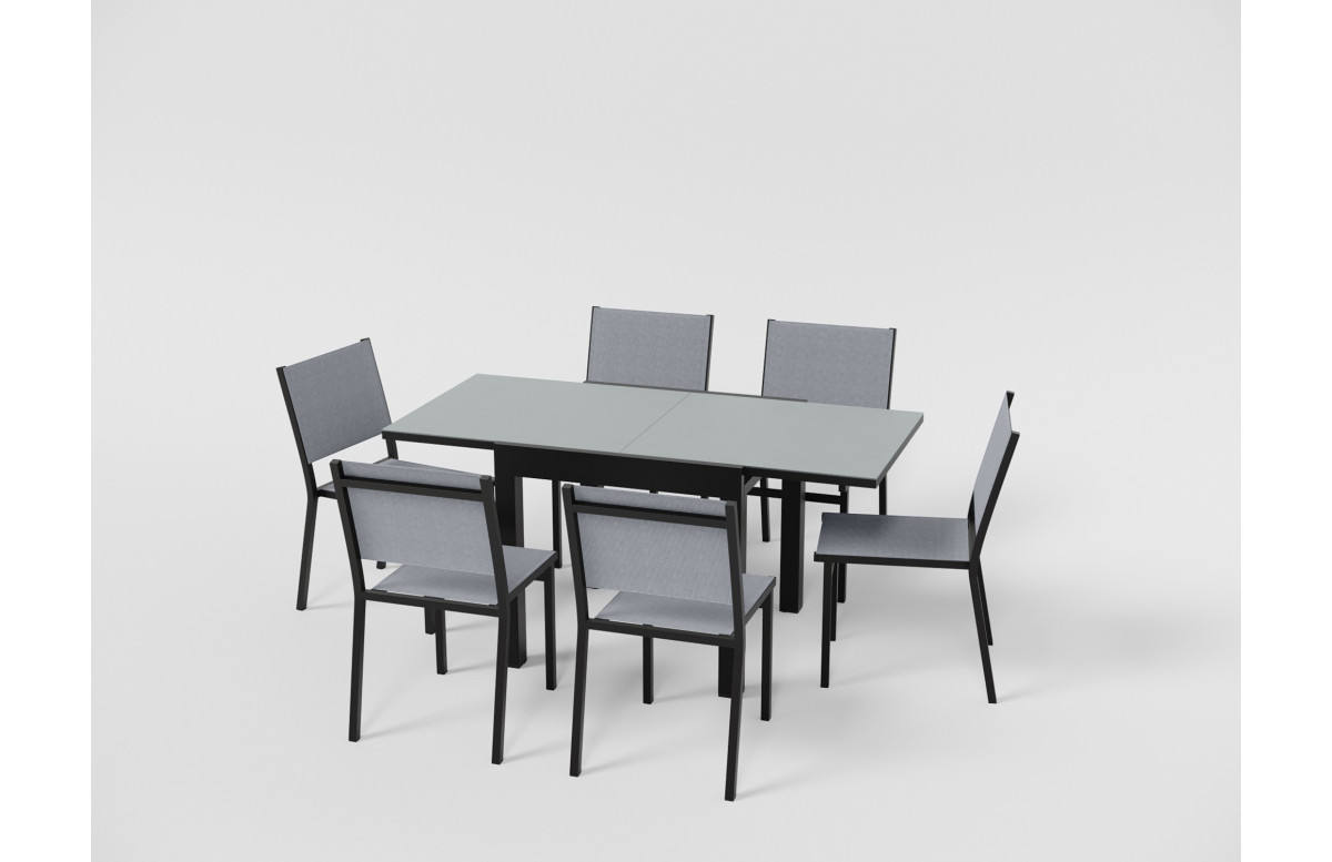 Ensemble table extensible en verre Fidji et chaises de jardin Sperone en aluminium anthracite 6 personnes - Essenciel Green