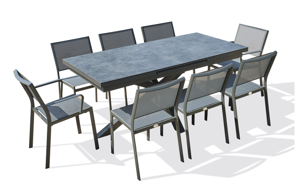 Ensemble table de jardin à rallonge automatique CAICOS + 6 chaises + 2 fauteuils STOCKHOLM DCB GARDEN Gris Anthracite Ensemble table de jardin à rallonge automatique CAICOS + 6 chaises + 2 fauteuils STOCKHOLM DCB GARDEN Gris Anthracite