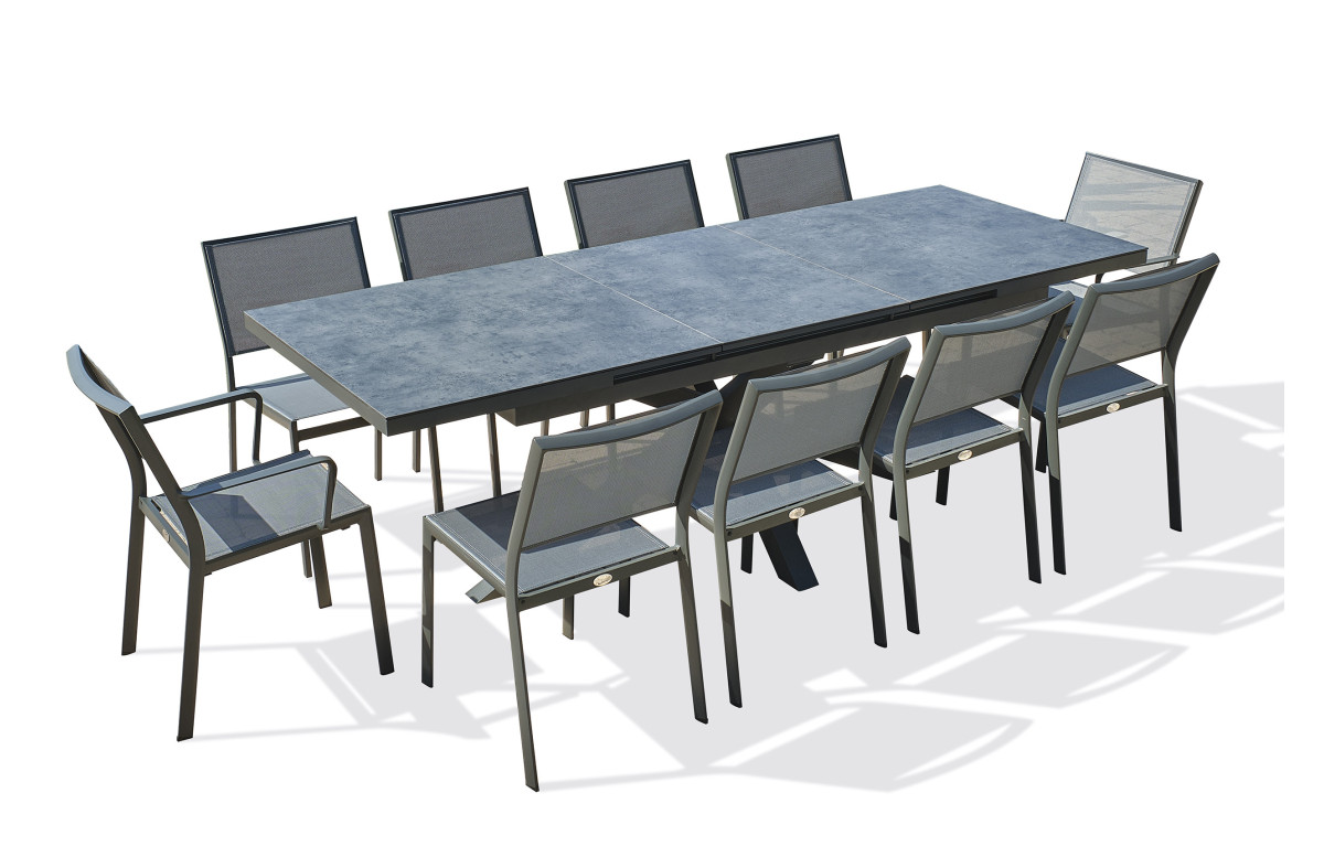 Ensemble table de jardin à rallonge automatique CAICOS + 8 chaises + 2 fauteuils STOCKHOLM DCB GARDEN Gris Anthracite Ensemble table de jardin à rallonge automatique CAICOS + 8 chaises + 2 fauteuils STOCKHOLM DCB GARDEN Gris Anthracite