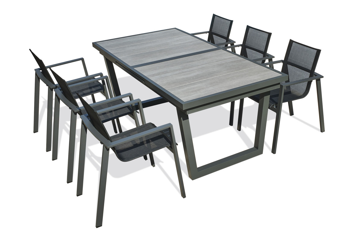 Ensemble table et chaises de jardin à rallonge automatique OLHOS en aluminium 6 personnes DCB GARDEN Gris Anthracite Ensemble table et chaises de jardin à rallonge automatique OLHOS en aluminium 6 personnes DCB GARDEN Gris Anthracite