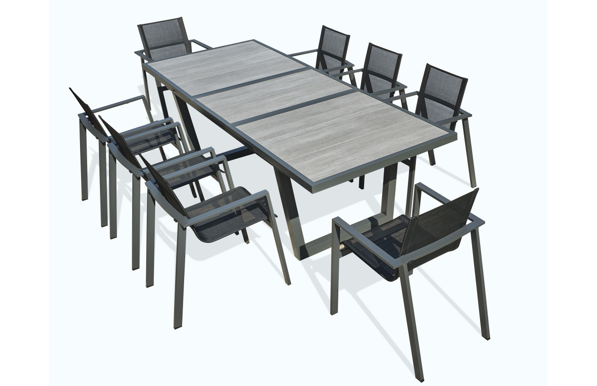 Ensemble table et chaises de jardin à rallonge automatique OLHOS en aluminium 8 personnes DCB GARDEN Gris Anthracite Ensemble table et chaises de jardin à rallonge automatique OLHOS en aluminium 8 personnes DCB GARDEN Gris Anthracite