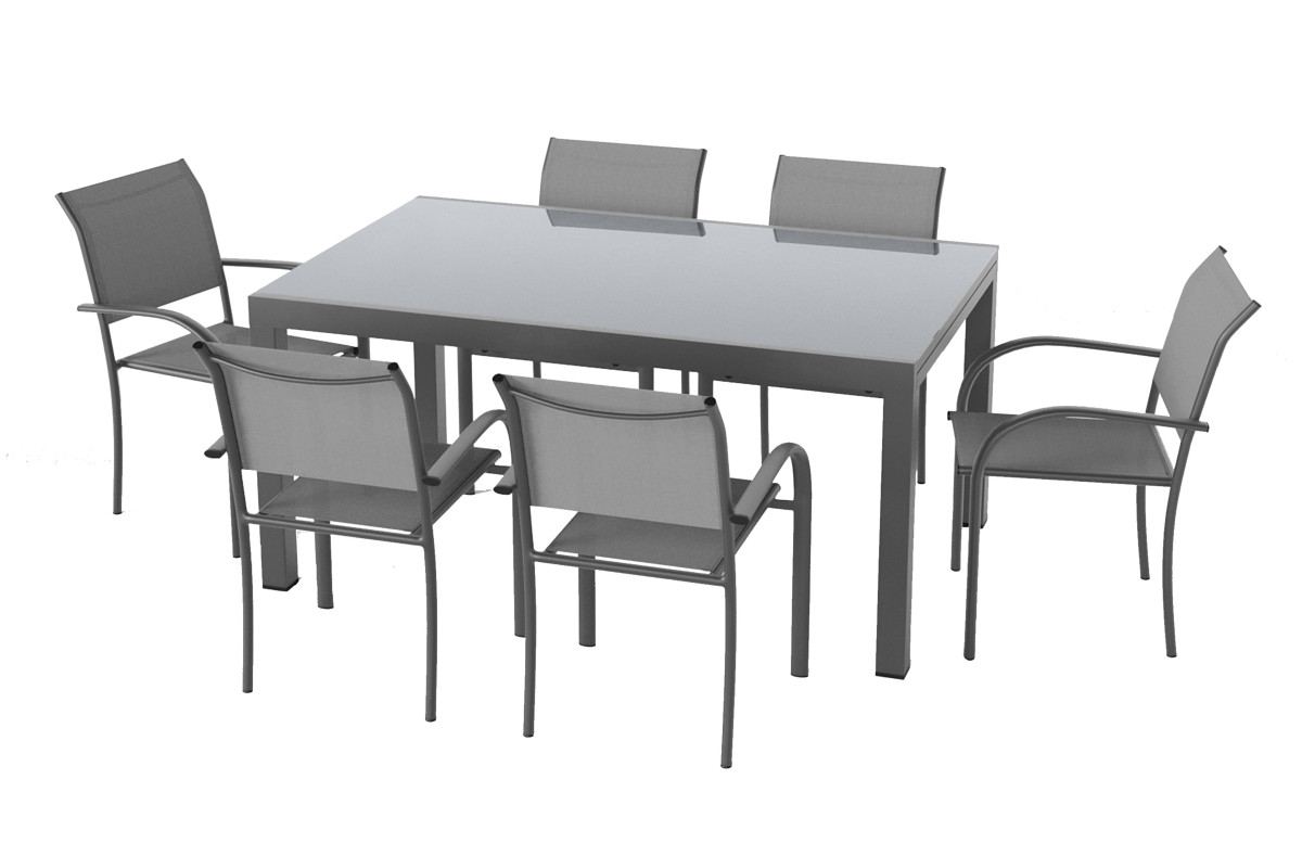 Ensemble table extensible en verre Fidji et fauteuils de jardin Lavezzi en aluminium anthracite 6 personnes - Essenciel Green