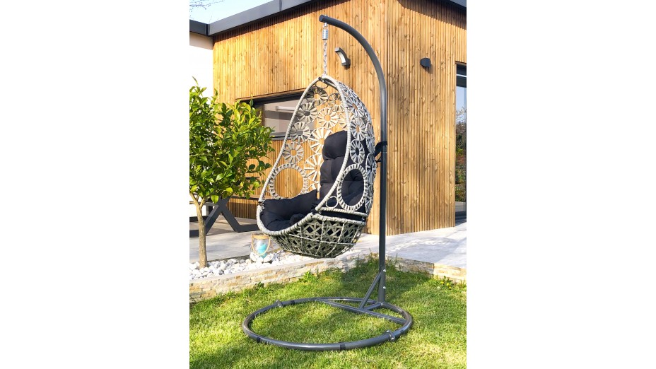 Balancelle de jardin SAMOA en résine tressée avec coussin gris anthracite - ECRU