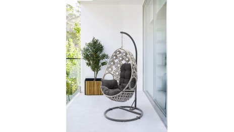 Balancelle de jardin SAMOA en résine tressée avec coussin gris anthracite - ECRU