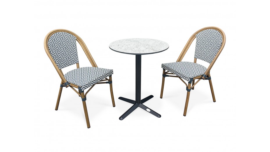 Lot composé d'une table de jardin BISTRO-TB60-HPL-MB et de 2 fauteuils BISTRO-FT-TEX-BLEU empilables