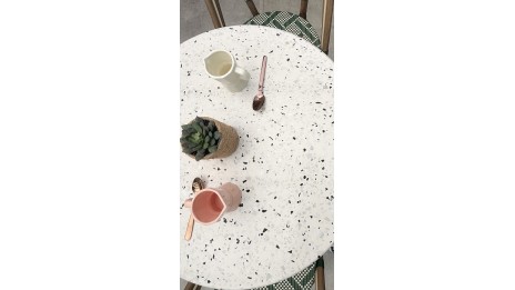 Table ronde de jardin BISTRO (diam. 60 cm) en acier noir et plateau terrazzo - BLANC