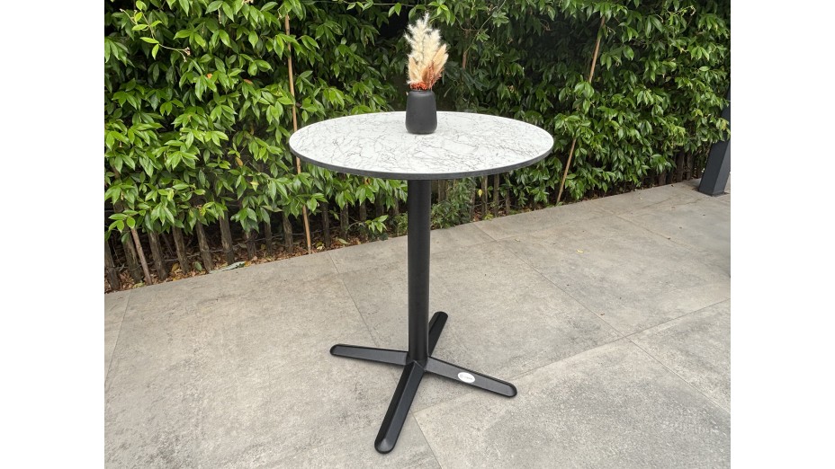 Table ronde de jardin BISTRO (diam. 60 cm) en acier noir et plateau HPL effet marbre - BLANC