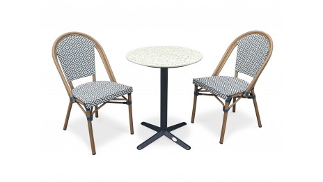 Lot composé d'une table de jardin BISTRO-TB60-TRZ et de 2 fauteuils BISTRO-FT-TEX-BLEU empilables