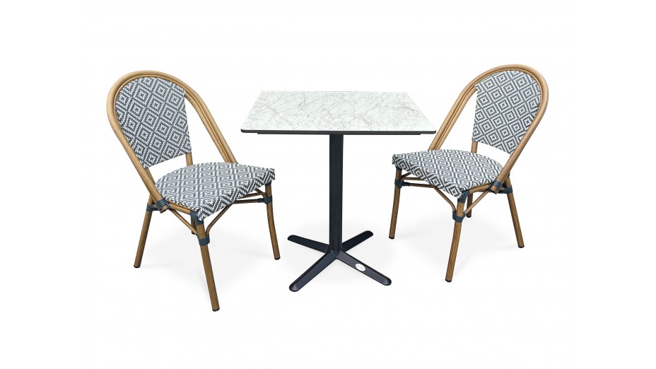 Lot composé d'une table de jardin BISTRO-TB70-HPL-MB et de 2 fauteuils BISTRO-FT-TEX-BLEU empilables