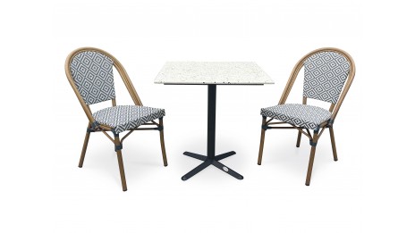 Lot composé d'une table de jardin BISTRO-TB70-TRZ et de 2 fauteuils BISTRO-FT-TEX-BLEU empilables
