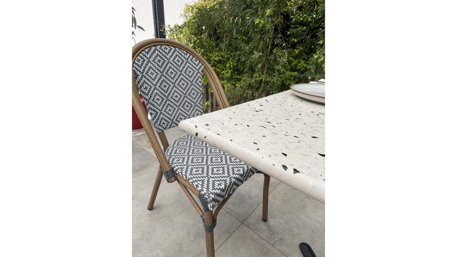 Lot composé d'une table de jardin BISTRO-TB70-TRZ et de 2 fauteuils BISTRO-FT-TEX-BLEU empilables
